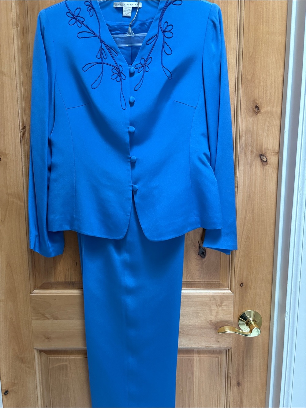 Kenneth Nolan Bright Blue Women's Embroidered Collar Pant Suit 100% Silk